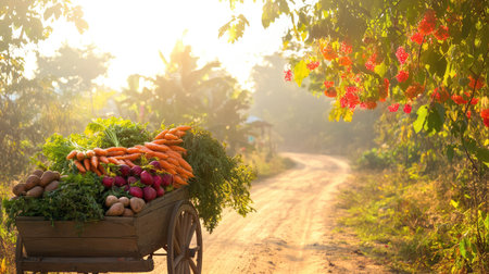 A peaceful dirt pathway meanders through lush greenery, showcasing a rustic cart filled with vibrant, fresh vegetables, illuminated by morning light.の素材