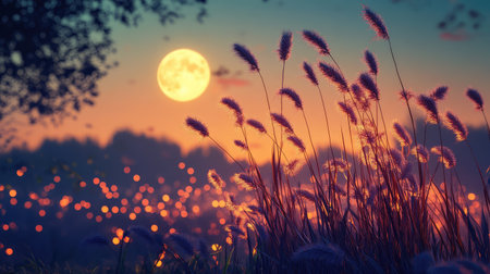 A tranquil landscape featuring tall grass illuminated by a bright moonlight under a stunning starry sky at dusk, creating a picturesque natural scene.の素材