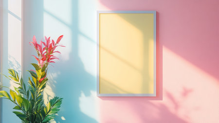 A bright and modern interior scene showcasing a blank frame on colorful walls, accompanied by vibrant greenery. Ideal for minimalistic decor inspiration.の素材
