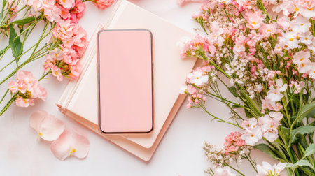 A beautiful flat lay featuring a soft pink smartphone resting on a notebook, surrounded by delicate flowers and petals, perfect for spring-themed inspirations.の素材
