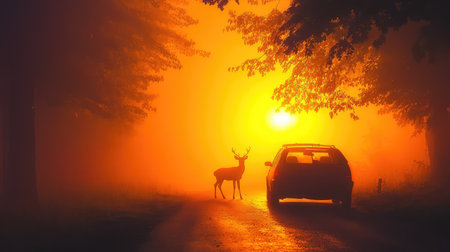 A serene scene captures a deer in silhouette against a stunning golden sunrise, with a car parked by a peaceful country road, enveloped in mist.の素材