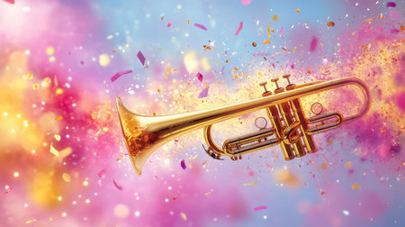 A stunning image of a golden trumpet floating amidst a burst of colorful confetti, perfect for projects related to music, celebrations, and joyful events.の素材