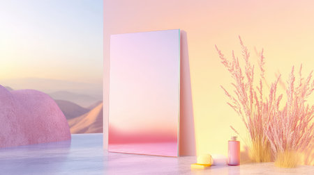 This serene image features a minimalist reflection in a soft pastel environment, showcasing a mirror and natural elements that evoke tranquility and beauty.の素材