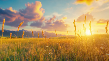 A breathtaking view of a serene sunset casting golden light over a wheat field, with vibrant clouds and majestic mountains in the background, inviting tranquility.の素材