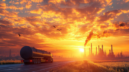 A picturesque sunset view showcases a tanker truck traveling along a road beside an oil refinery, surrounded by vibrant colors and clouds.の素材
