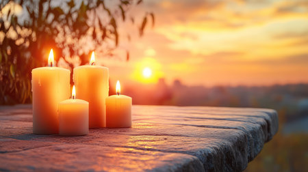 A serene sunset scene featuring glowing white candles on a rustic stone table, set against a tranquil natural backdrop. The soft light creates a peaceful ambiance perfect for relaxation.の素材