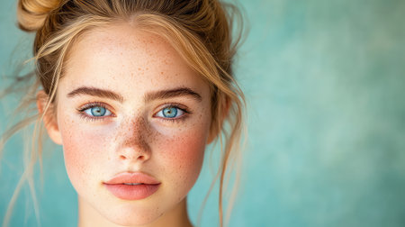This stunning close-up portrait captures a young woman with striking blue eyes and beautiful freckles. The soft background enhances her natural beauty, creating a serene and elegant atmosphere. Perfect for beauty and fashion themes.の素材