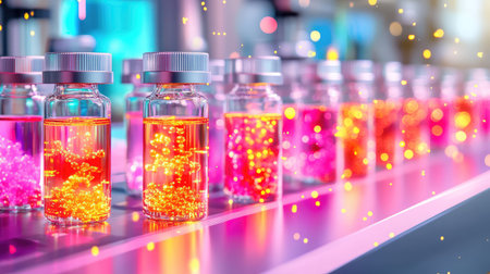 A vibrant array of laboratory vials filled with sparkling, colorful liquids sits on a conveyor belt, highlighting modern research methods in a scientific workspace.の素材