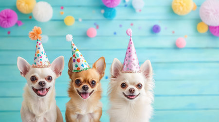 Three adorable dogs wearing colorful party hats sit together, showcasing their cheerful expressions. The vibrant decorations and soft blue background create a joyful celebration atmosphere perfect for pet lovers.の素材