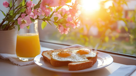 A bright morning breakfast scene featuring two sunny side up eggs on toast, a glass of orange juice, and beautiful flowers by the window, capturing warmth.の素材
