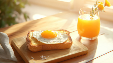 A beautiful breakfast setup featuring a perfectly fried egg on golden toast paired with a refreshing glass of orange juice, all illuminated by morning sunlight.の素材