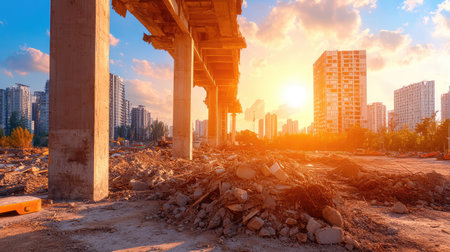 An urban construction site captured at sunset, featuring a warm glow illuminating the landscape and surrounding buildings. The scene showcases progress and development in an evolving city.の素材