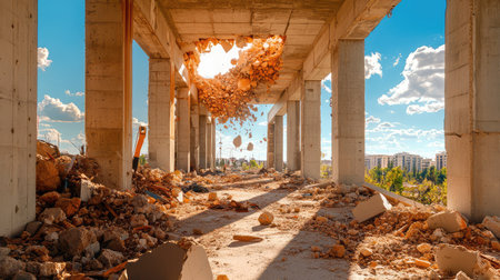 A dramatic scene captures the moment of destruction inside an abandoned structure, featuring falling debris and sunlight streaming through a gaping hole.の素材