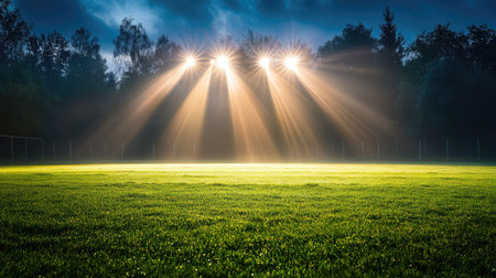 A captivating night view of a sports field illuminated by powerful floodlights, showcasing a vibrant green grass surface beneath a dramatic sky.の素材