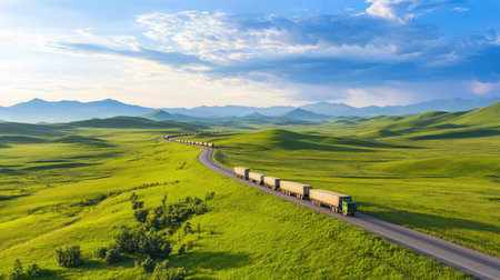 A stunning view of trucks traveling along a winding highway, set against expansive green fields and majestic mountain ranges under a vibrant sky.の素材