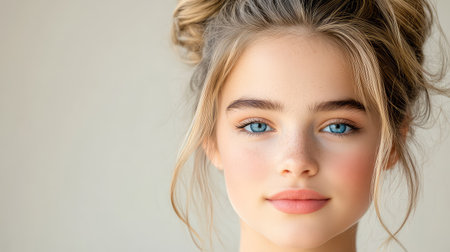 This stunning portrait features a young woman with striking blue eyes and natural makeup, set against a soft neutral background, exuding elegance and charm.の素材