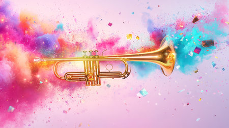 A stunning trumpet stands out against a backdrop of colorful smoke and confetti, perfect for representing joy, celebration, and vibrant music themes.の素材