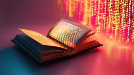 A mesmerizing open book emits glowing text amidst a backdrop of cascading digital code, symbolizing the fusion of traditional knowledge and modern technology in education.の素材