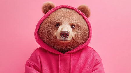 A delightful bear wears a bright pink hoodie, exuding charm and playfulness. The vibrant pink background enhances the light-hearted, whimsical mood.の素材