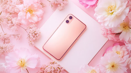 A stunning smartphone rests on a pastel pink background, surrounded by delicate flowers, symbolizing a blend of technology and natural beauty.の素材