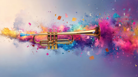 A stunning trumpet emerges from a vibrant explosion of colorful paint splashes, symbolizing creativity and the joy of music in an artistic and dynamic way.の素材