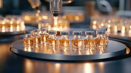 A captivating laboratory scene highlighting the process of filling glass vials with liquid. The automated machinery ensures precision and safety in a controlled, sterile environment, essential for research and production in the pharmaceutical industry.の素材
