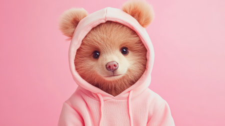 This adorable bear character wearing a pink hoodie captures a playful and cheerful essence. Perfect for children's themes, illustrations, and joyful designs.の素材