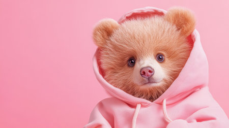 This adorable bear in a pink hoodie exudes charm and playfulness against a soft pink background. The fuzzy texture and delightful expression make this image perfect for animal lovers and creative projects.の素材