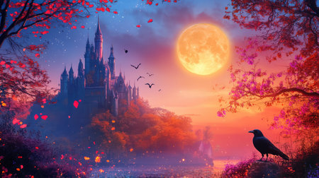 A stunning view of an enchanted castle illuminated by a full moon, surrounded by vibrant autumn hues and a mystical atmosphere, perfect for fantasy enthusiasts.の素材