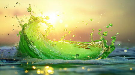 A stunning image of a vibrant green water splash illuminated by soft sunlight over a serene sea, capturing the essence of summer and tranquility.の素材