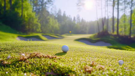 A picturesque view of a golf course featuring a single golf ball resting on vibrant green grass, surrounded by trees and bathed in morning sunlight, inviting relaxation.の素材