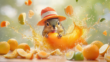 A whimsical scene featuring a cheerful squirrel wearing a straw hat, joyfully splashing in a pool of citrus juice, surrounded by fresh fruits.の素材