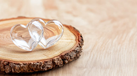 Two clear glass hearts elegantly placed on a wooden slice create a romantic atmosphere, perfect for celebrations, interior design, or artistic displays.の素材