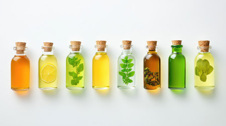 A visually appealing arrangement of assorted herbal oils displayed in glass bottles, showcasing natural ingredients like lemon and mint, promoting wellness and culinary inspiration.の素材
