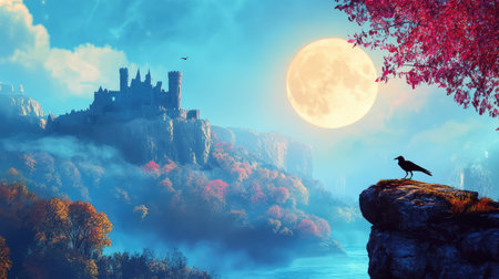 A breathtaking moonlit view features a majestic castle atop a cliff, framed by vibrant autumn foliage and a solitary raven perched nearby, evoking mystery.の素材