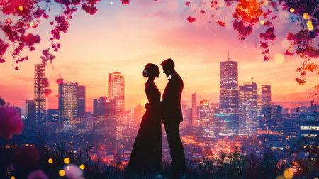 A stunning silhouette of a romantic couple embracing against a vibrant city skyline at sunset, surrounded by blooming flowers and soft lights.の素材