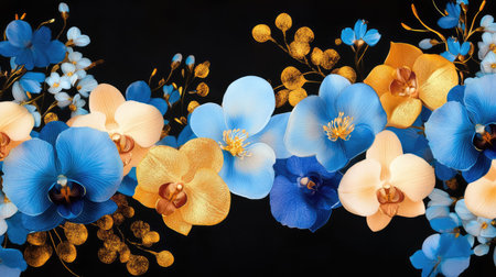 This striking image showcases a stunning arrangement of blue and gold orchids against a bold black background. The vibrant colors create a beautiful contrast, making it perfect for decorative or artistic purposes.の素材