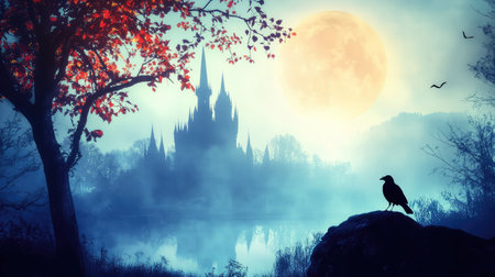 An enchanting scene capturing a silhouette of a castle under a glowing full moon. A raven rests on a rock by foggy waters, embodying mysterious beauty.の素材