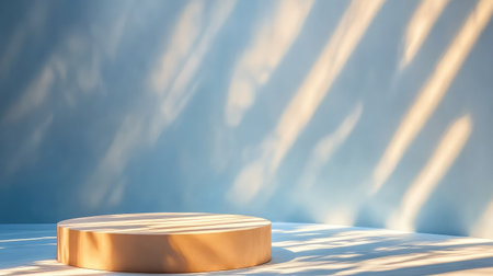 A minimalist round display platform sits against a soft blue background, enhanced by gentle shadows and natural light, creating an elegant aesthetic.の素材