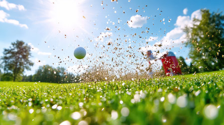 An exhilarating moment captured as a golfer strikes a ball, sending dirt and grass flying, surrounded by a vibrant landscape under radiant sunlight.の素材