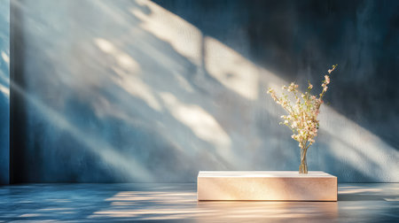 A serene composition featuring a delicate vase of flowers on a minimalist table. The soft lighting and textured blue wall create a calming atmosphere.の素材