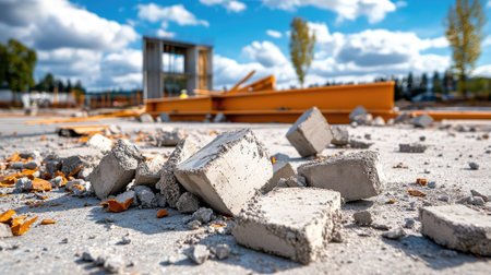 A vibrant construction site showcasing broken concrete blocks on the ground, with an industrial backdrop featuring a bright blue sky and scattered clouds.の素材