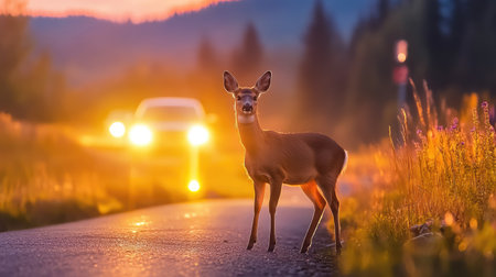 A serene image of a lone deer standing on a roadside during dusk, illuminated by distant headlights, surrounded by vibrant colors and nature.の素材