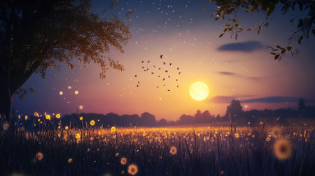 A serene evening landscape showcases silhouetted trees against a vibrant sunset. Bokeh effects and soft light create a magical atmosphere in nature.の素材