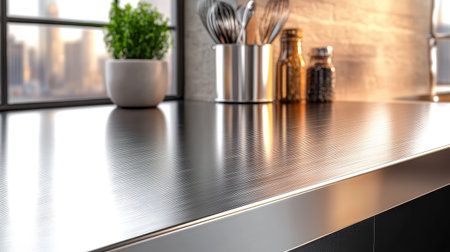 A sleek modern kitchen countertop features stylish utensils and natural light pouring in from windows, showcasing a perfect cooking environment.の素材