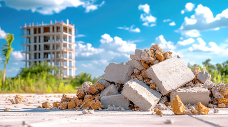 A vibrant construction site scene featuring a pile of bricks in the foreground, with an unfinished building rising against a bright blue sky.の素材