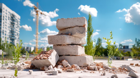 A stack of concrete blocks symbolizes construction work at an urban site, with a bright blue sky and green plants highlighting nature's resilience.の素材
