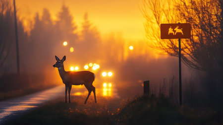 A peaceful scene featuring a deer standing near a traffic warning sign as headlights illuminate the misty road during dusk, capturing a serene moment in nature.の素材