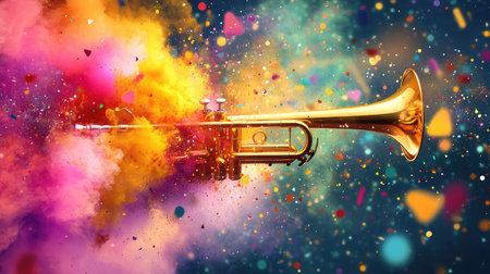 A stunning artistic representation featuring a trumpet surrounded by a vibrant explosion of colors. Perfect for celebrating music, creativity, and joyful moments.の素材