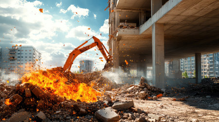 A stunning view of a heavy excavator demolishing a building, surrounded by debris and fire, highlighting the intensity of urban construction activities.の素材
